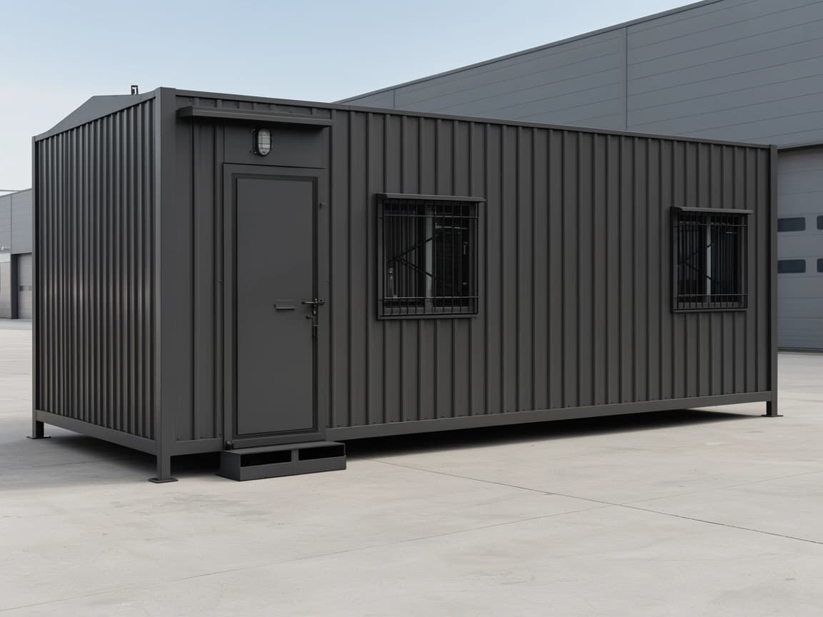 Portable container office for Thoothukudi — front elevation of a charcoal-grey corrugated-steel portable office with a steel entrance door under a small canopy and bulkhead light, two sliding windows with security grills, a steel step and corner posts on foot plates, standing on a concrete yard in front of a grey industrial shed