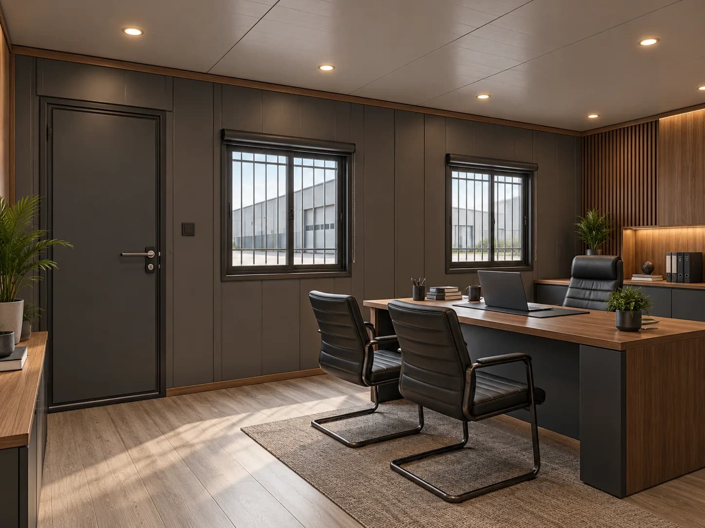 Inside a portable container office for Thoothukudi, shown with an optional executive fit-out — dark panel walls with timber trims and a slatted timber feature wall, two sliding windows with security grills and roller blinds, a steel door, a timber-topped desk with a laptop, three leather chairs, low cabinets, planters, recessed ceiling lights and a timber-effect floor