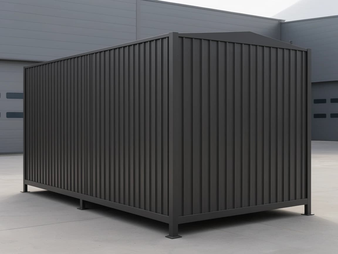 Portable container office for Thoothukudi — three-quarter view of the charcoal-grey corrugated-steel portable office showing its blank long side and end wall, corner posts on foot plates and the profiled roof, on a concrete yard beside an industrial shed