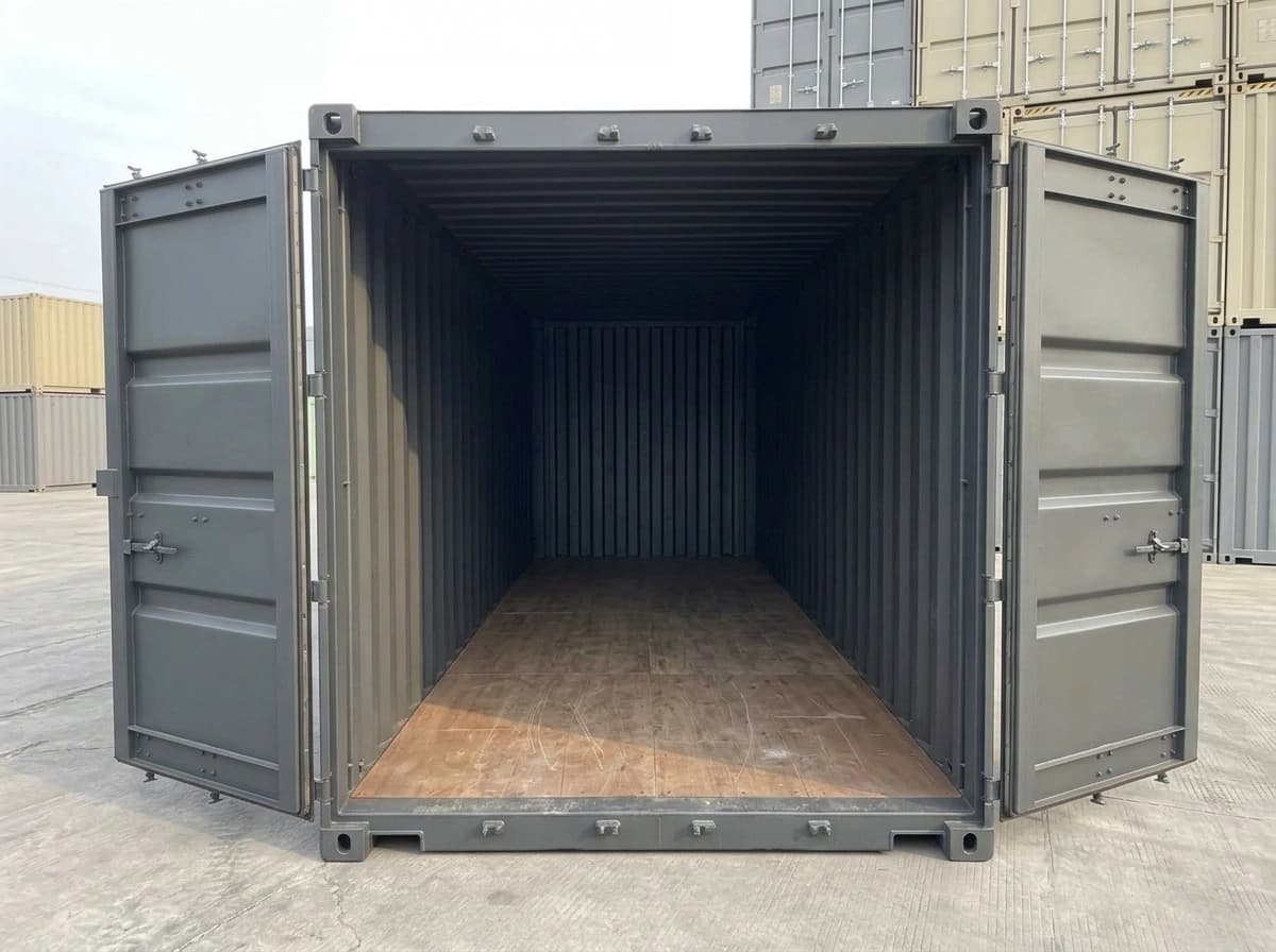 Grey dry shipping container with both cargo doors open: corrugated steel walls and roof inside and a marine plywood floor on the steel base frame