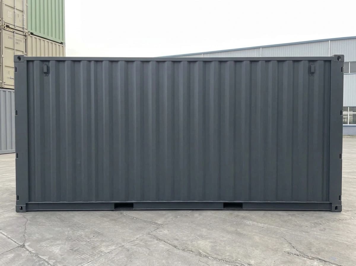 Long side of the grey dry shipping container: corrugated steel wall between the corner posts, with forklift pockets in the base rail