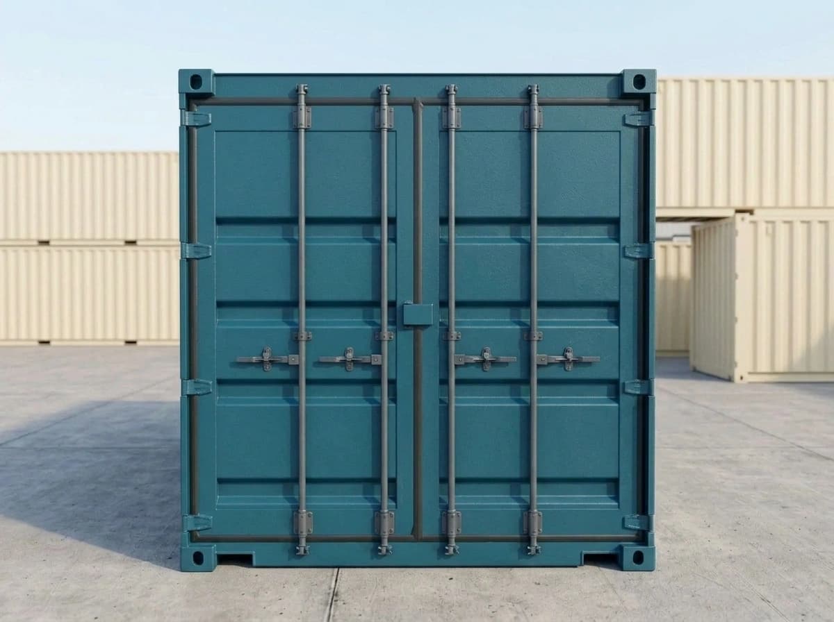 Shipping container in Mettur, Salem — door end of the teal container: two cargo doors with four vertical locking bars, cam handles and a central lock box