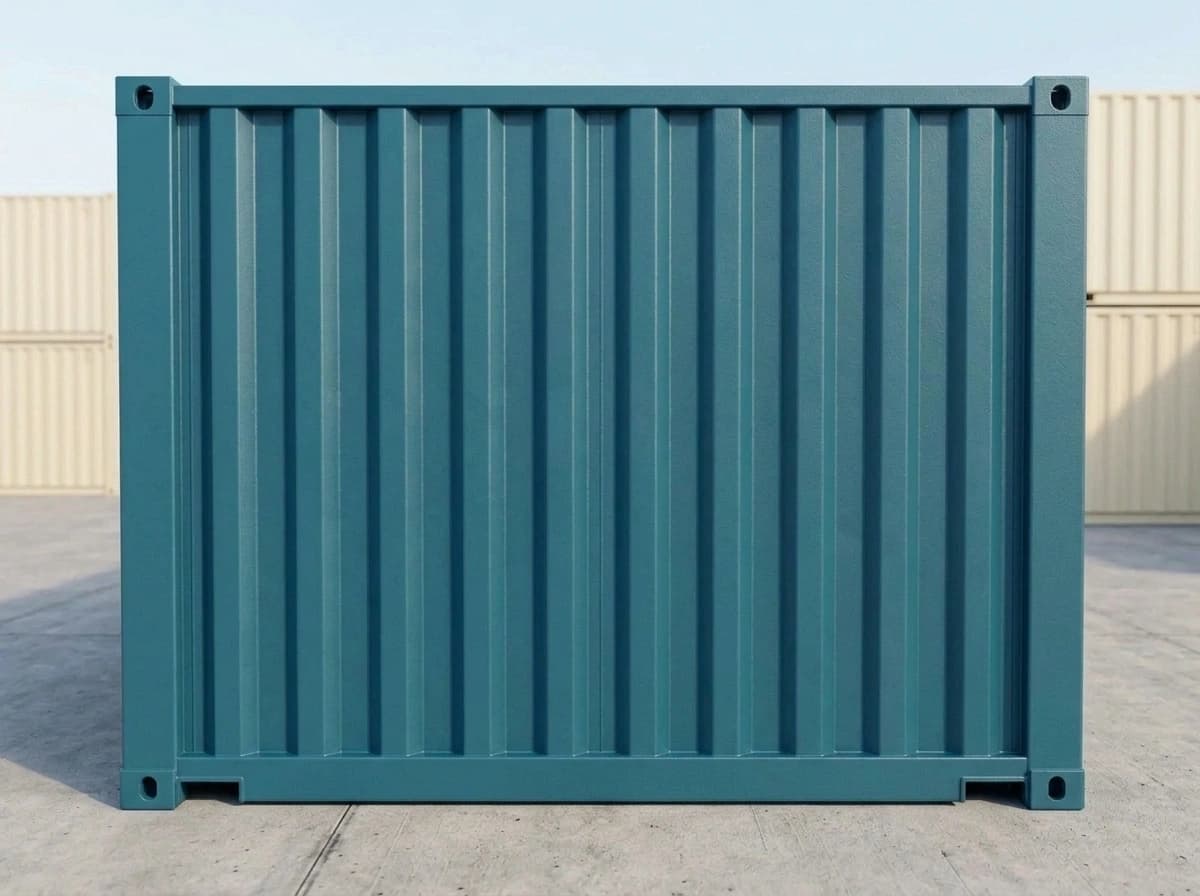 Shipping container in Mettur, Salem — blank end wall of the teal container: a corrugated steel panel between the corner posts, with a corner casting at each corner