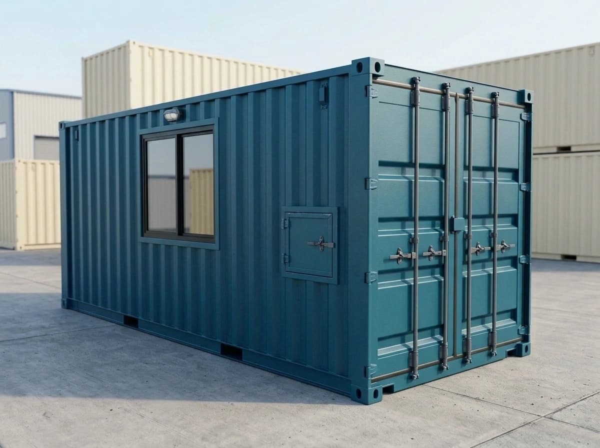 Shipping container in Mettur, Salem — teal dry shipping container seen from one corner: corrugated steel side wall fitted with a sliding window, wall light and lockable hatch, and double cargo doors with four locking bars, in a container yard