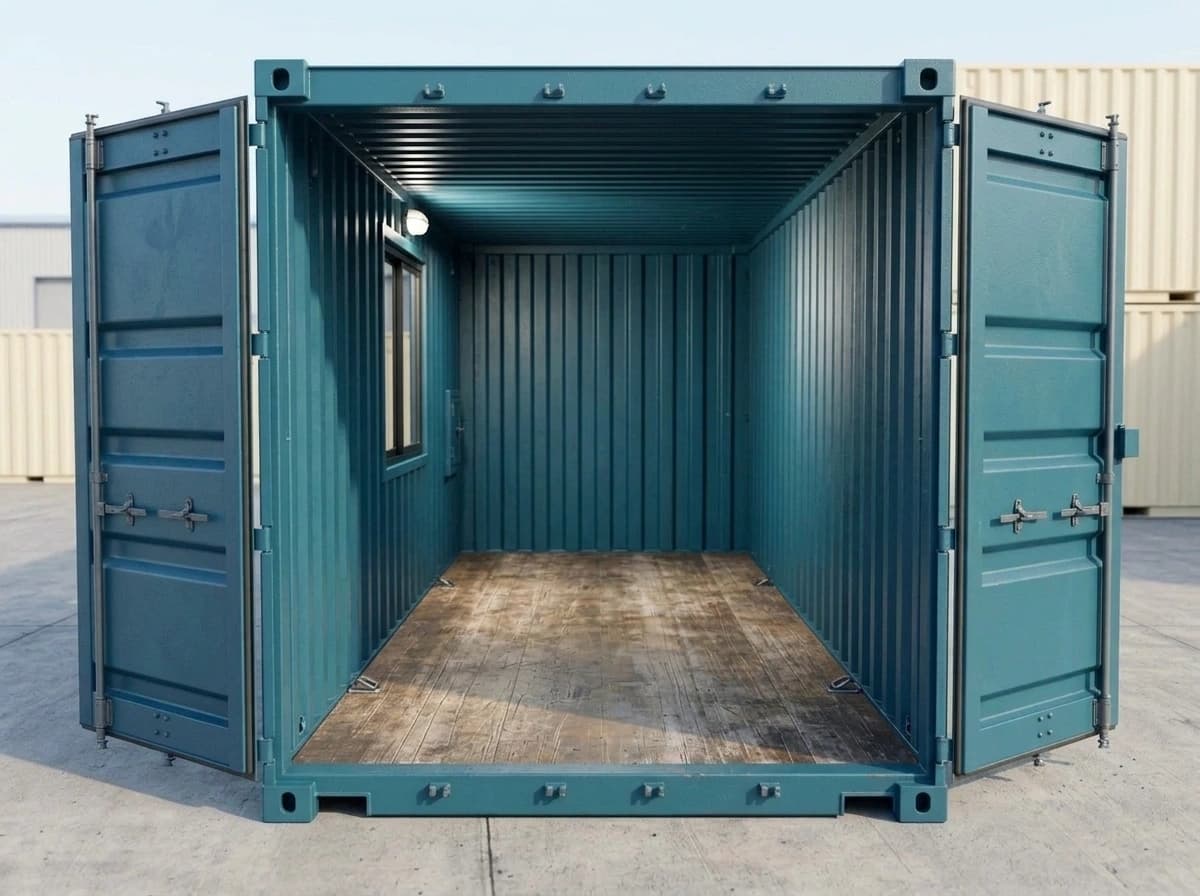 Shipping container in Mettur, Salem — teal container with both cargo doors open: corrugated steel walls and roof, a plywood floor with lashing points, and the added side window and light inside