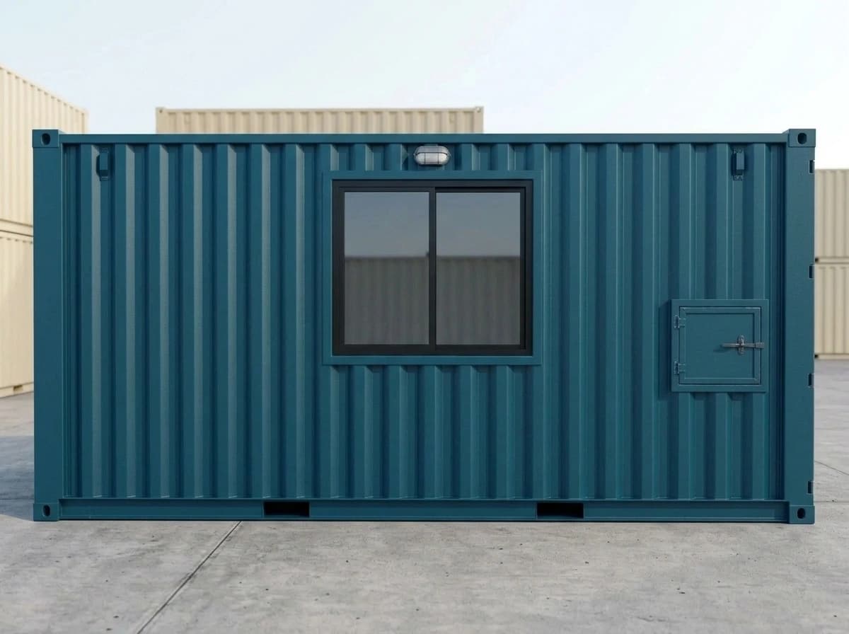 Shipping container in Mettur, Salem — long side of the teal dry container with an added sliding window, wall light and lockable hatch, above the forklift pockets in the base rail