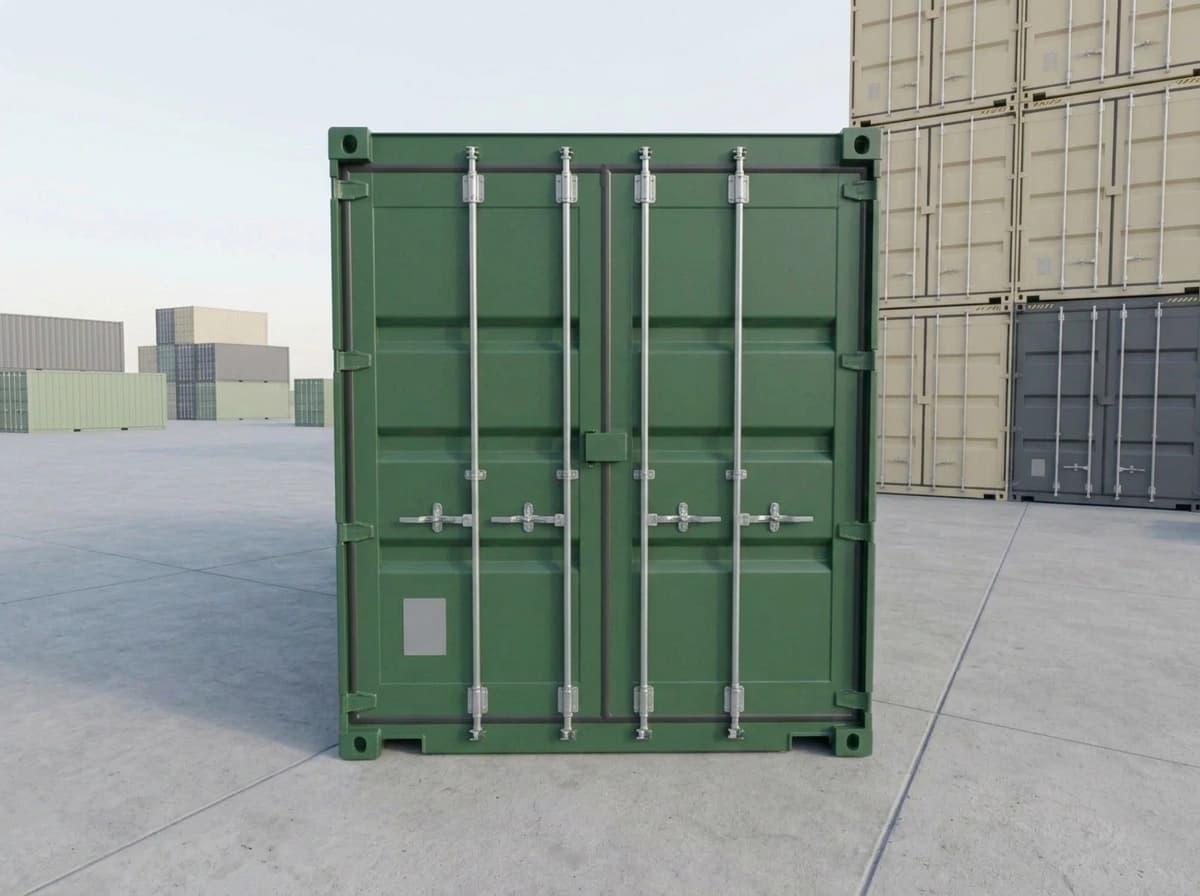 Door end of the green dry shipping container: two cargo doors with four vertical locking bars, cam handles and a central lock box