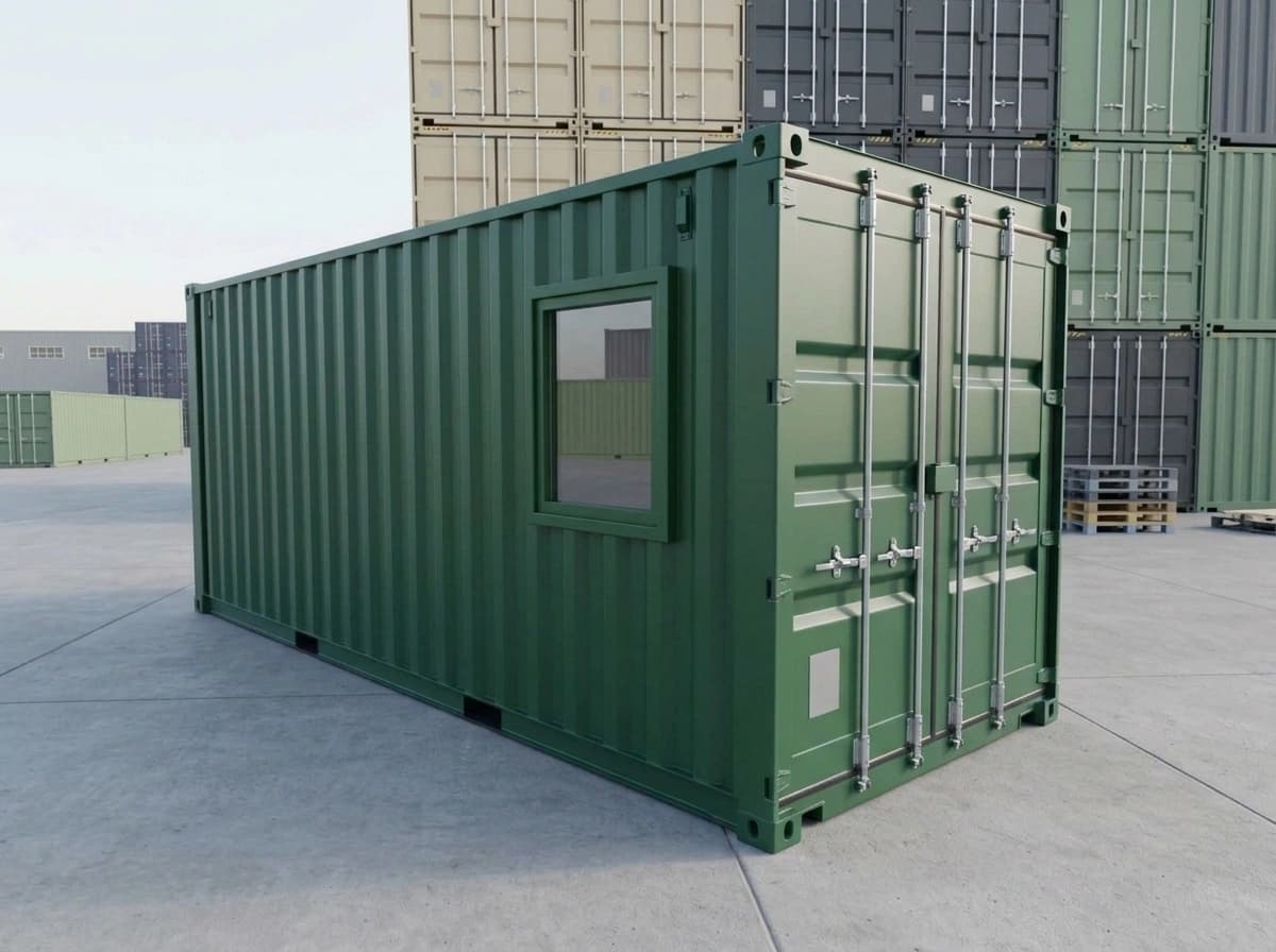 Shipping container in Tumkur — green dry shipping container seen from one corner: corrugated steel side wall with a fitted window, corner castings and double cargo doors with four locking bars, in a container yard with stacked containers behind