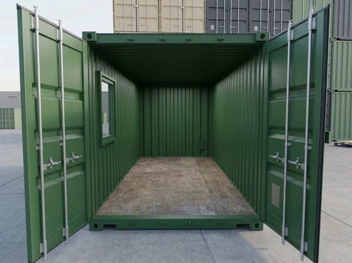 Green dry shipping container with both cargo doors open: corrugated steel walls and roof, a fitted side window, a ventilation grille on the end wall and a plywood floor