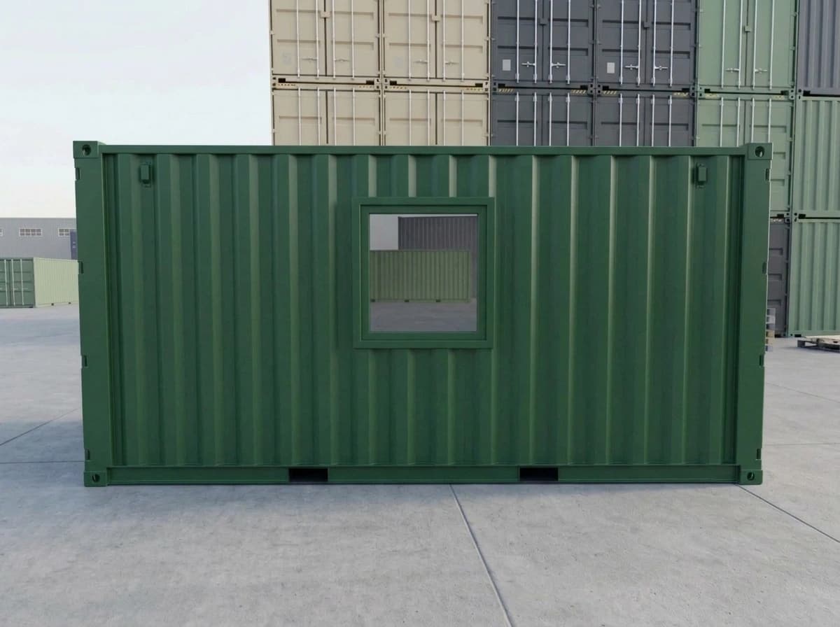 Long side of the green dry shipping container: corrugated steel wall with a square window fitted into it, and forklift pockets in the base rail
