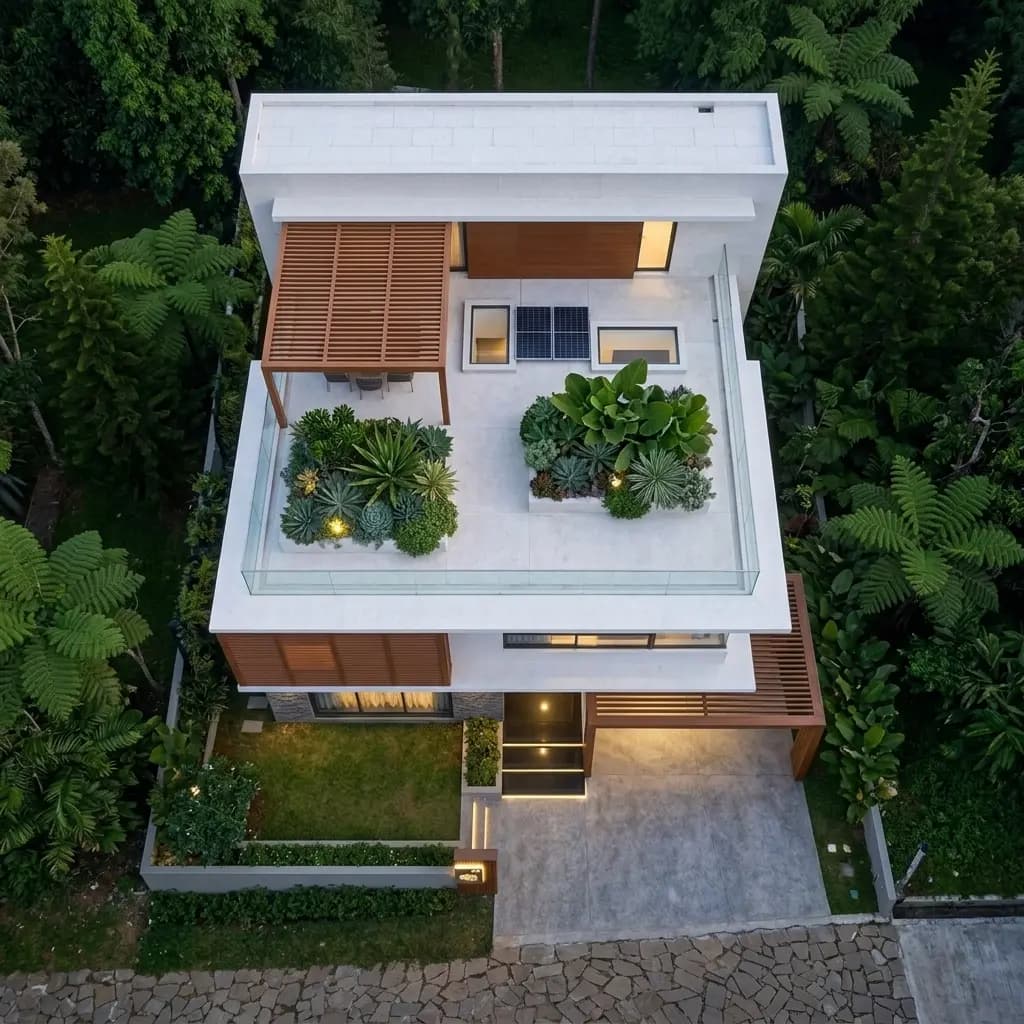 Aerial view of a G+1 villa in Bangalore showing the terrace garden, solar panels and the setbacks around the compound