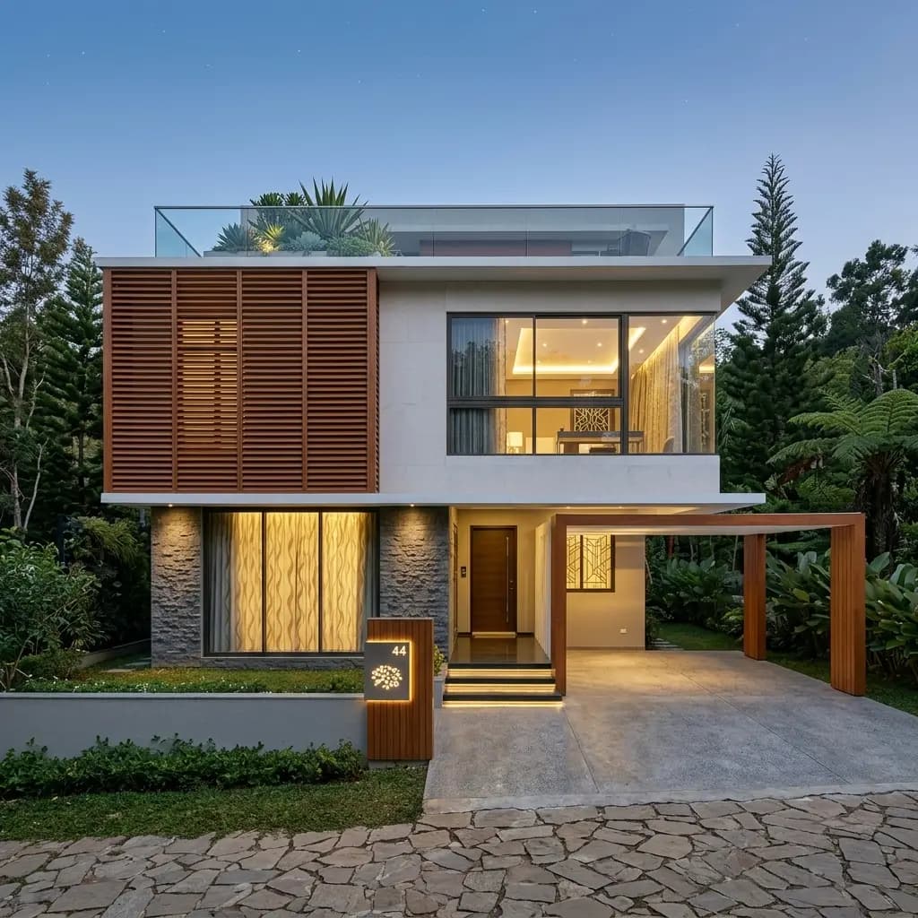 Villa construction in Bangalore — front elevation of a G+1 villa with car porch, stone-clad plinth and timber louvre screen