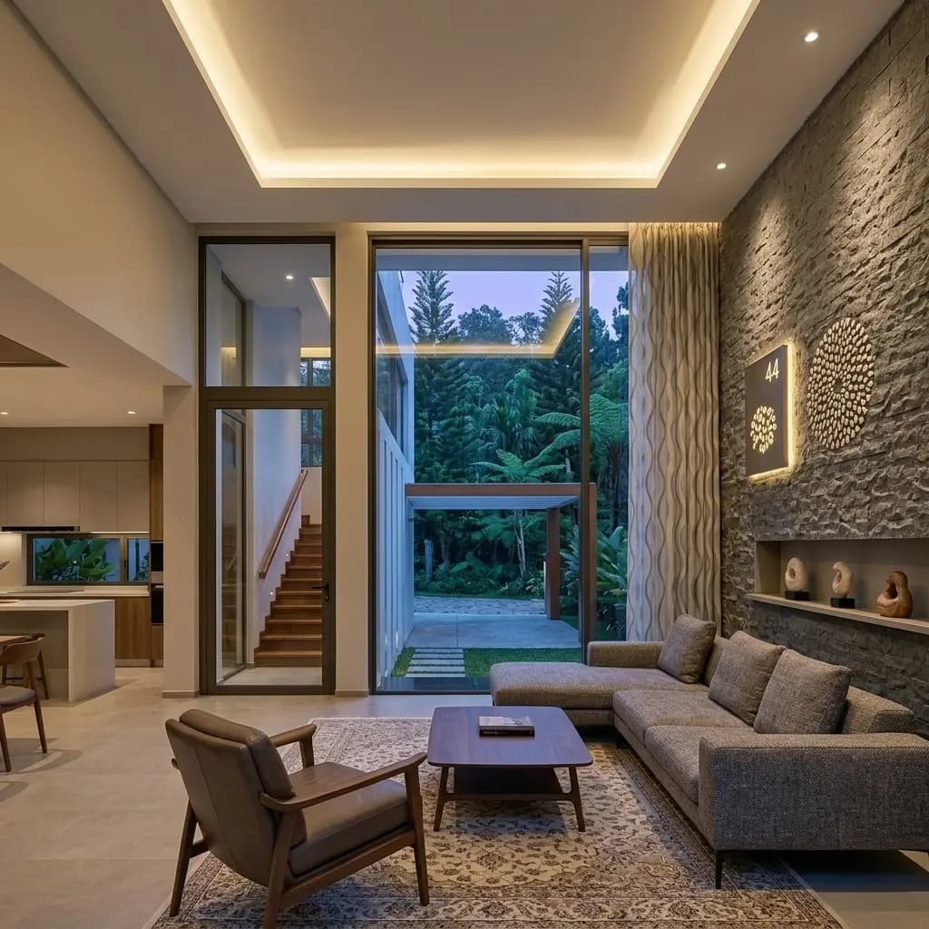 Double-height villa living room with stone feature wall, cove lighting and sliding glazing onto the garden