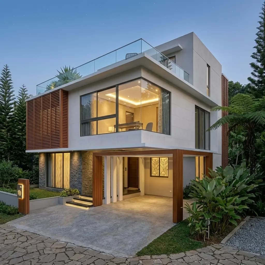 Three-quarter street view of a G+1 villa in Bangalore showing the porch, entrance steps and first-floor glazing