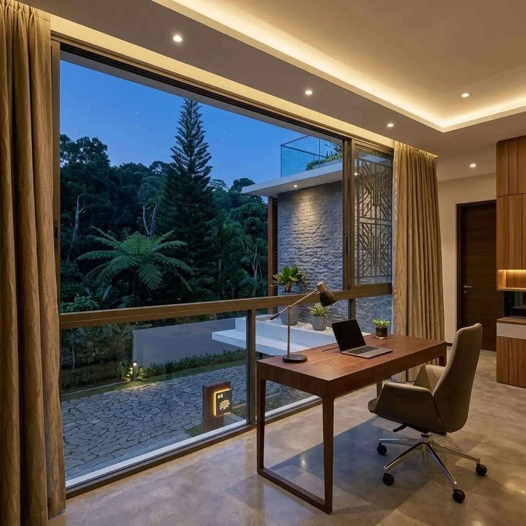 Ground-floor study in a Bangalore villa with full-height glazing to the side garden and built-in timber storage