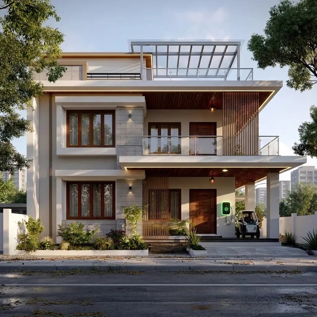 Front elevation of a completed G+1 individual house built in RCC, with a stone-clad and rendered façade, timber louvre screen, first-floor balcony, terrace pergola and covered car porch – Portable Office Cabin | Bangalore, Chennai, Mumbai & across India Front elevation of a completed G+1 individual house built in RCC, with a stone-clad and rendered façade, timber louvre screen, first-floor balcony, terrace pergola and covered car porch