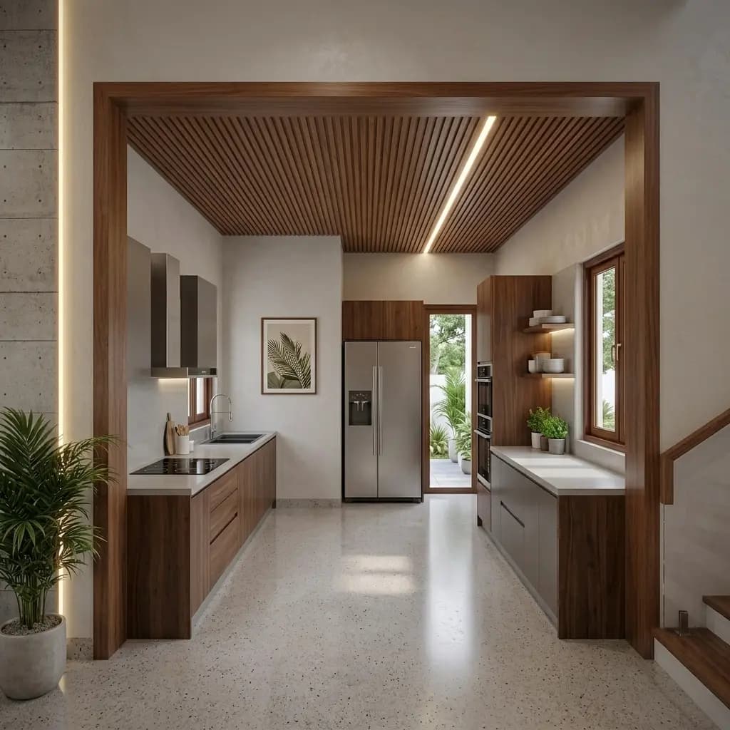 Completed kitchen in an individual house, with a laminate and stone counter run, wall units, built-in oven housing, terrazzo flooring continuing from the hall and a rear door to the utility yard – Portable Office Cabin | Bangalore, Chennai, Mumbai & across India Completed kitchen in an individual house, with a laminate and stone counter run, wall units, built-in oven housing, terrazzo flooring continuing from the hall and a rear door to the utility yard