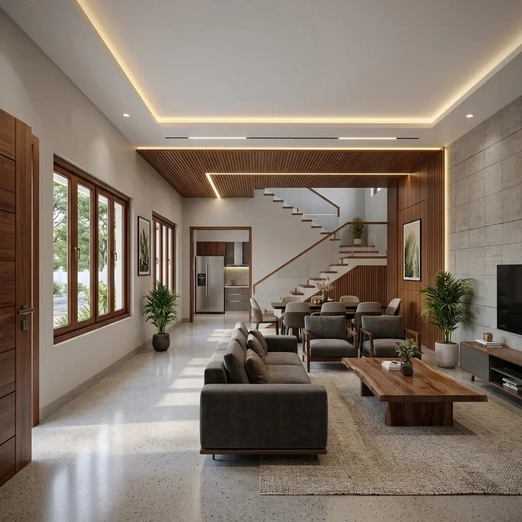 Finished ground-floor living and dining hall of an individual house, with terrazzo flooring, a slatted timber ceiling with cove lighting, a timber-panelled feature wall and an open staircase beyond – Portable Office Cabin | Bangalore, Chennai, Mumbai & across India Finished ground-floor living and dining hall of an individual house, with terrazzo flooring, a slatted timber ceiling with cove lighting, a timber-panelled feature wall and an open staircase beyond – available in Bangalore, Chennai, Hyderabad, Mumbai, Pune, Delhi NCR & pan-India