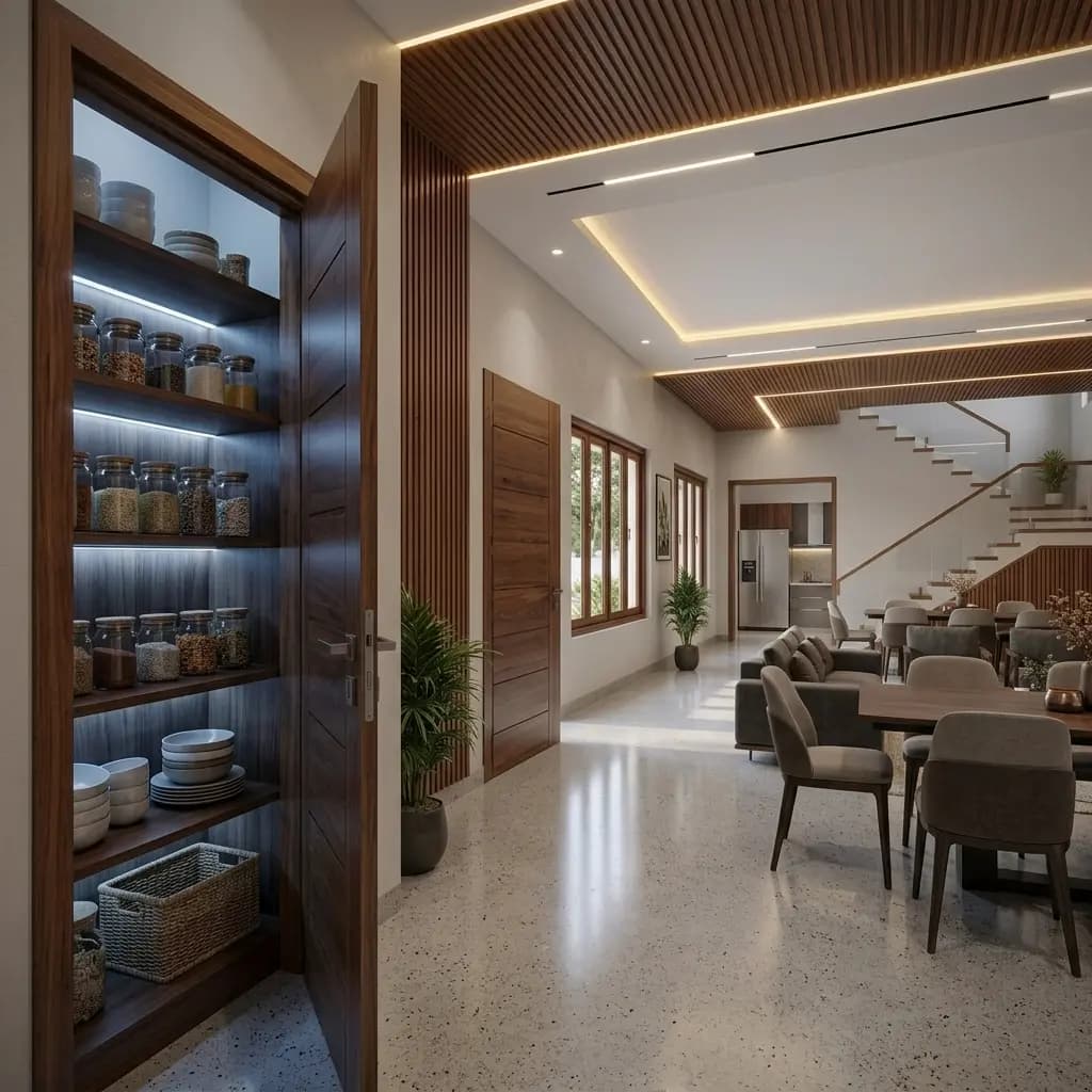 Open pantry unit with internal lighting beside the dining area of an individual house, looking through to the kitchen and the staircase, with terrazzo flooring throughout – Portable Office Cabin | Bangalore, Chennai, Mumbai & across India Open pantry unit with internal lighting beside the dining area of an individual house, looking through to the kitchen and the staircase, with terrazzo flooring throughout – available in Bangalore, Chennai, Hyderabad, Mumbai, Pune, Delhi NCR & pan-India