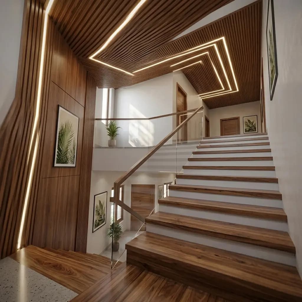 Internal staircase in a completed individual house, with timber treads on concrete, a glass balustrade with timber handrail and a slatted timber soffit carrying recessed linear lighting – Portable Office Cabin | Bangalore, Chennai, Mumbai & across India Internal staircase in a completed individual house, with timber treads on concrete, a glass balustrade with timber handrail and a slatted timber soffit carrying recessed linear lighting