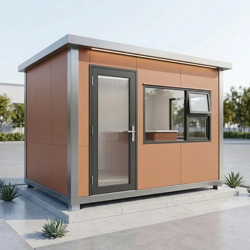 Metal portable cabin in a terracotta colour-coated finish with stainless trim, showing the factory-baked PPGI colour option – Portable Office Cabin | Bangalore, Chennai, Mumbai & across India Metal portable cabin in a terracotta colour-coated finish with stainless trim, showing the factory-baked PPGI colour option