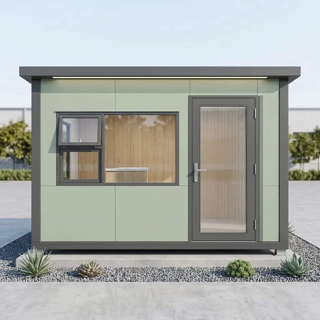 Metal portable cabin front elevation in colour-coated sage green sheet with a large picture window and glazed door – Portable Office Cabin | Bangalore, Chennai, Mumbai & across India Metal portable cabin front elevation in colour-coated sage green sheet with a large picture window and glazed door