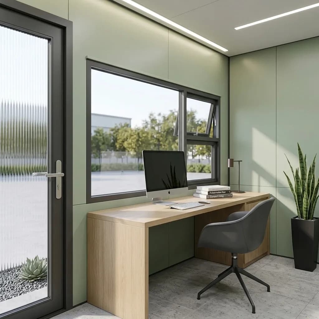 Interior of a metal portable cabin fitted out as an office with a desk, chair, lined walls and LED strip lighting – Portable Office Cabin | Bangalore, Chennai, Mumbai & across India Interior of a metal portable cabin fitted out as an office with a desk, chair, lined walls and LED strip lighting – available in Bangalore, Chennai, Hyderabad, Mumbai, Pune, Delhi NCR & pan-India