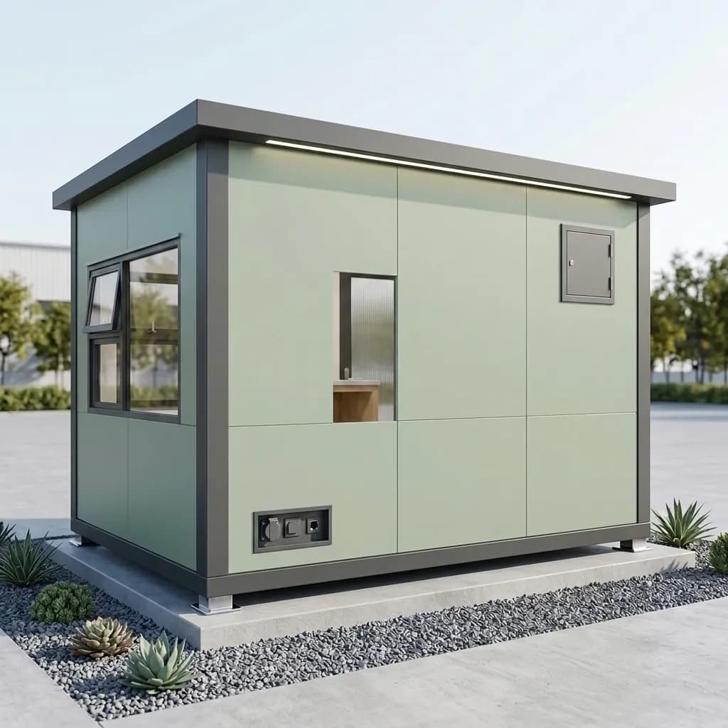 Rear and side of a metal portable cabin showing the service hatch and external power and data inlet – Portable Office Cabin | Bangalore, Chennai, Mumbai & across India Rear and side of a metal portable cabin showing the service hatch and external power and data inlet – available in Bangalore, Chennai, Hyderabad, Mumbai, Pune, Delhi NCR & pan-India