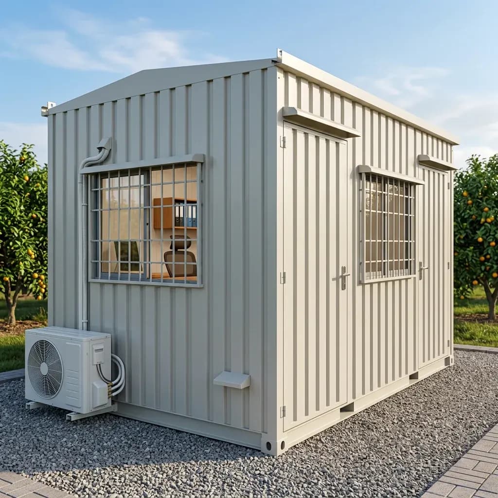 Wood-Finish Office Cabin Design Option — Exterior Design Wood-Finish Office Cabin design option, exterior: off-white corrugated steel cabin with a pitched roof, two doors, grilled windows under rain hoods and a split AC outdoor unit, standing on gravel