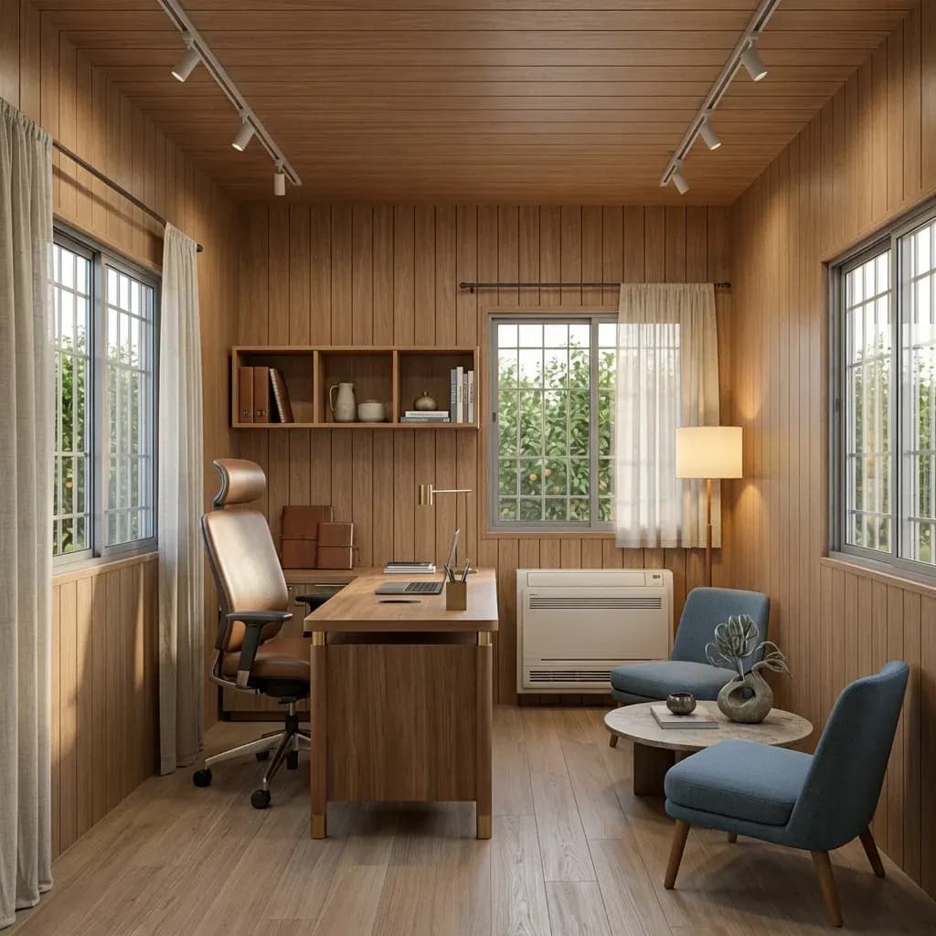 Wood-Finish Office Cabin Design Option — Wood-Finish Interior Option Wood-Finish Office Cabin design option, interior: wood-panelled walls and ceiling, wooden desk with a leather office chair, two lounge chairs, wall shelf, track lighting and a floor-standing AC unit