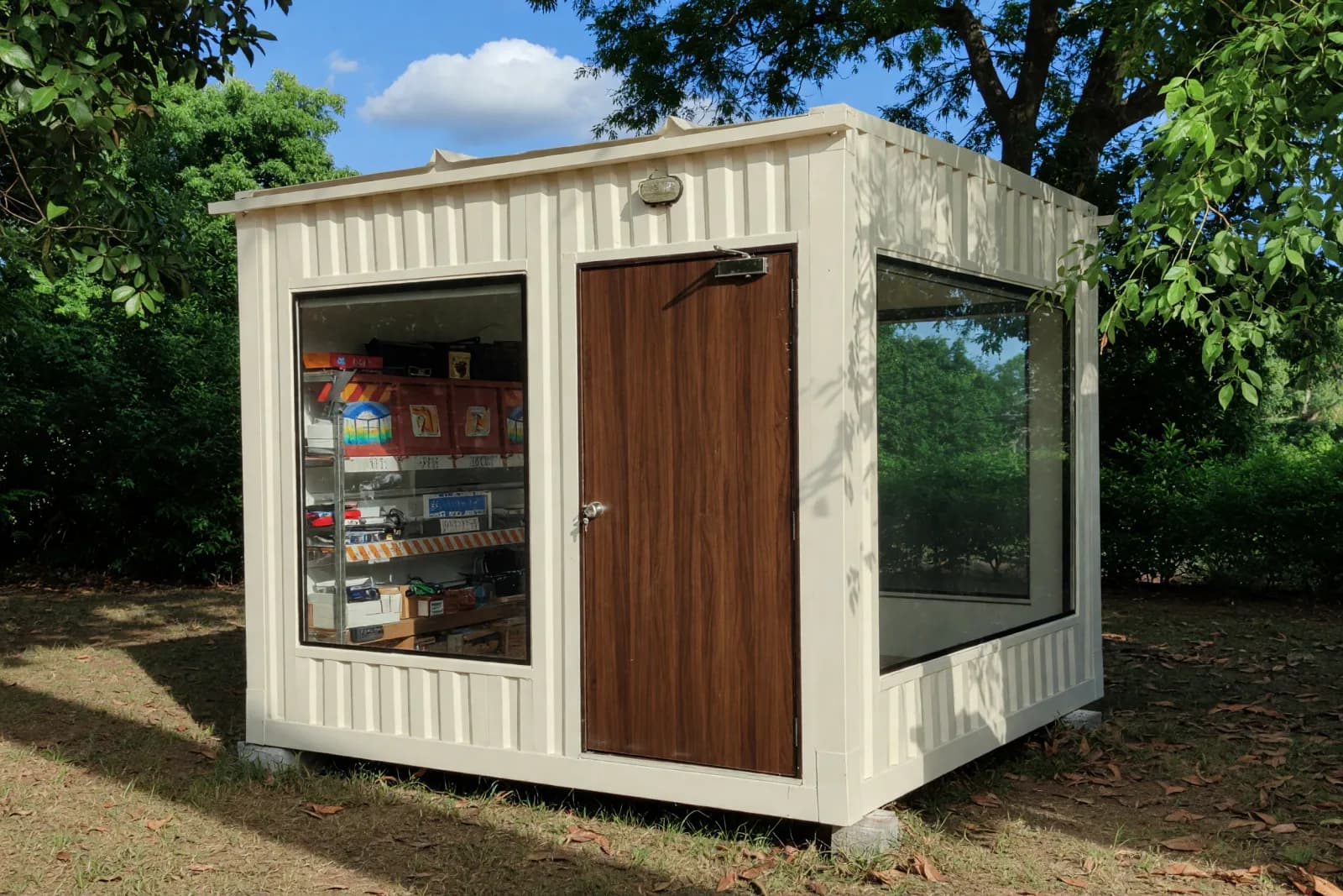 Illustrative render of a 10 ft × 10 ft portable shop cabin with a glazed display front, a lockable entrance door and a glazed side Illustrative render of a 10 ft × 10 ft portable shop cabin with a glazed display front, a lockable entrance door and a glazed side