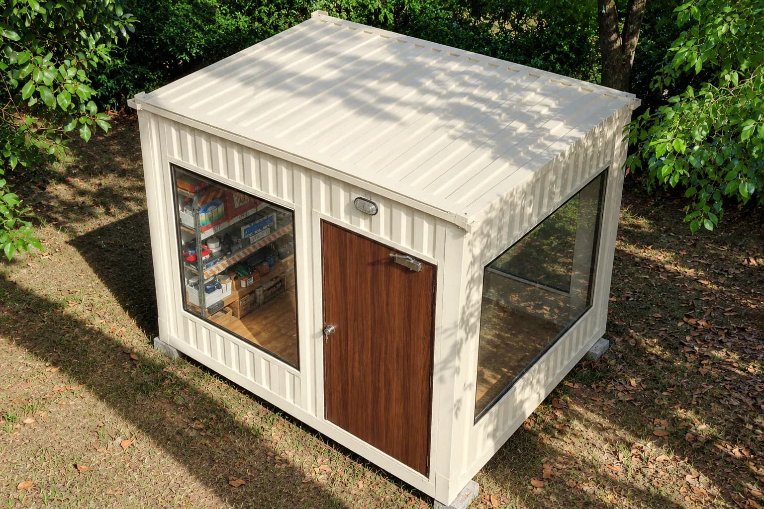 Illustrative render of the portable shop cabin from above, showing the roof, glazed front and entrance door