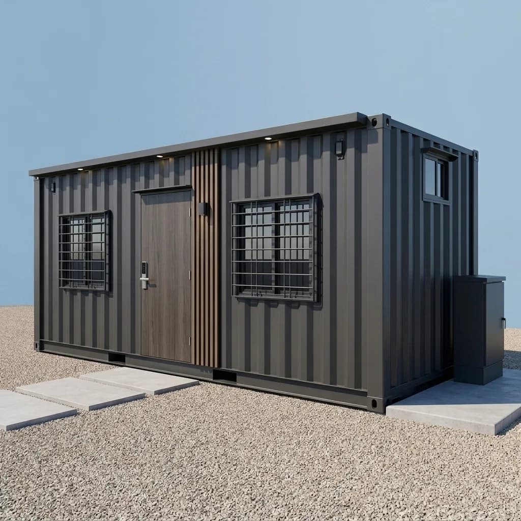 MS steel portable cabin angled exterior showing the full 20ft length, entrance door and external utility cabinet – Portable Office Cabin | Bangalore, Chennai, Mumbai & across India MS steel portable cabin angled exterior showing the full 20ft length, entrance door and external utility cabinet – available in Bangalore, Chennai, Hyderabad, Mumbai, Pune, Delhi NCR & pan-India