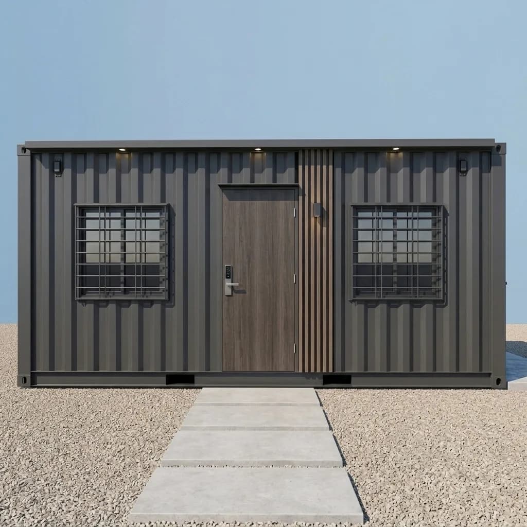 Steel portable cabin front elevation — welded MS frame, insulated walls, grilled sliding windows and a flush entrance door – Portable Office Cabin | Bangalore, Chennai, Mumbai & across India Steel portable cabin front elevation — welded MS frame, insulated walls, grilled sliding windows and a flush entrance door – available in Bangalore, Chennai, Hyderabad, Mumbai, Pune, Delhi NCR & pan-India