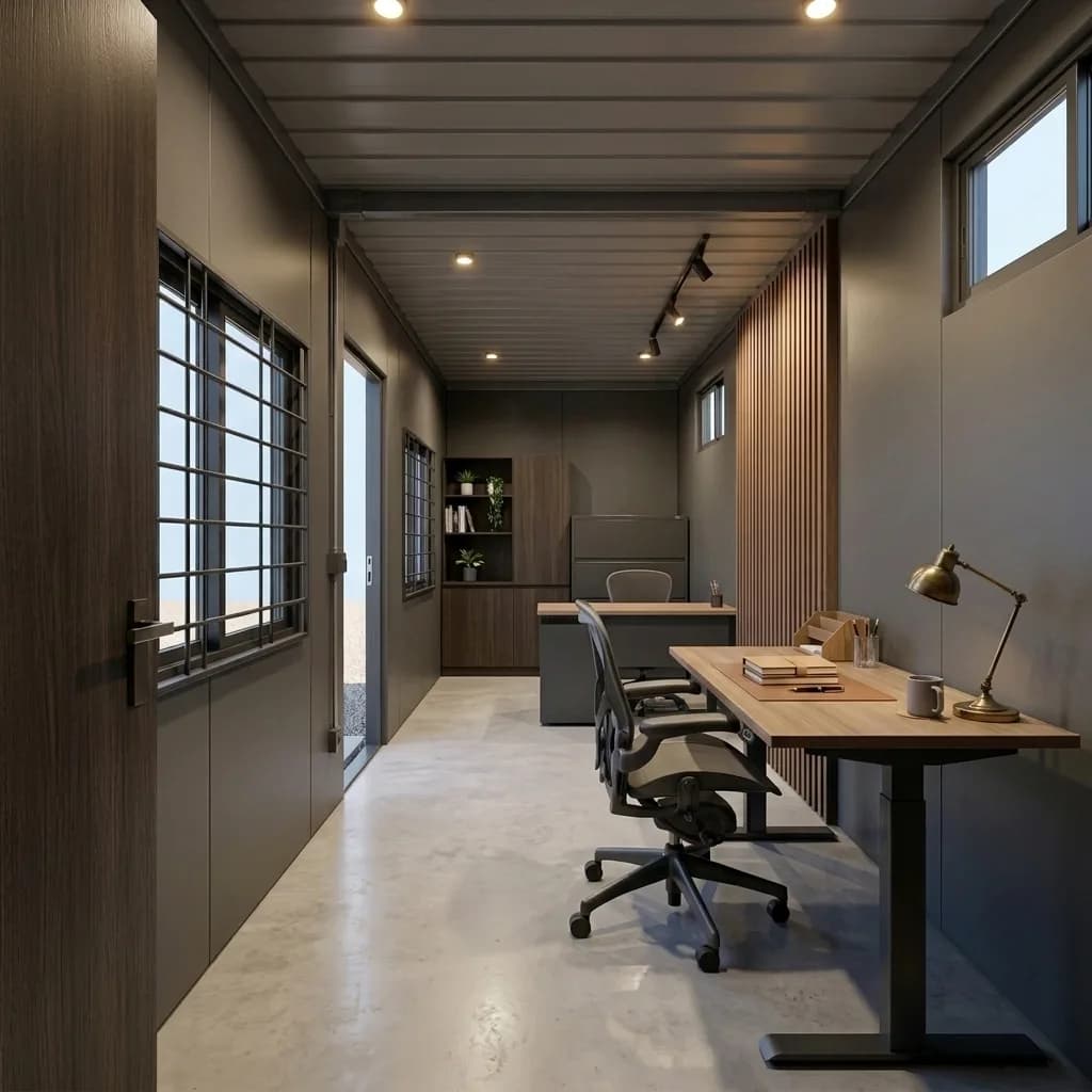 Interior of an MS steel portable cabin fitted out as a site office with desks, storage and LED lighting – Portable Office Cabin | Bangalore, Chennai, Mumbai & across India Interior of an MS steel portable cabin fitted out as a site office with desks, storage and LED lighting – available in Bangalore, Chennai, Hyderabad, Mumbai, Pune, Delhi NCR & pan-India