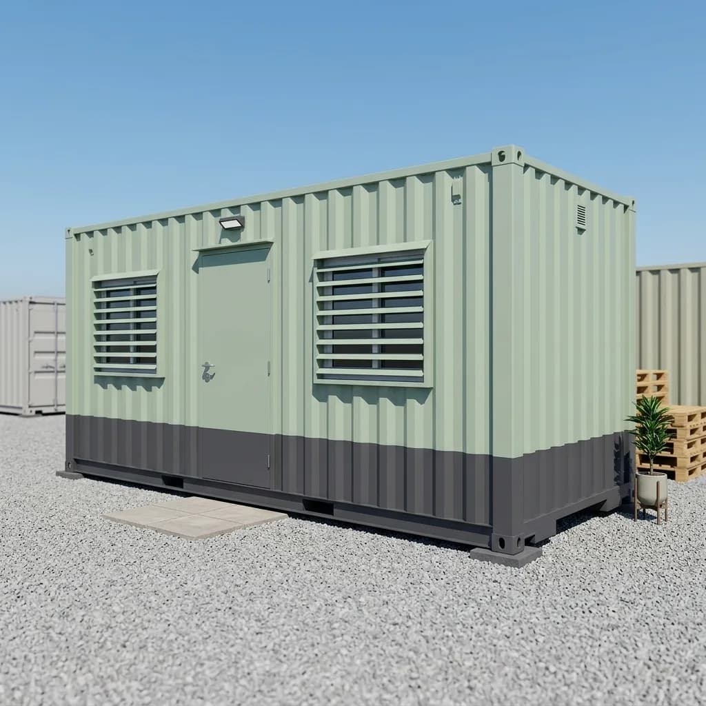 MS steel portable cabin in a two-tone site finish with louvred ventilation windows and a steel flush door – Portable Office Cabin | Bangalore, Chennai, Mumbai & across India MS steel portable cabin in a two-tone site finish with louvred ventilation windows and a steel flush door