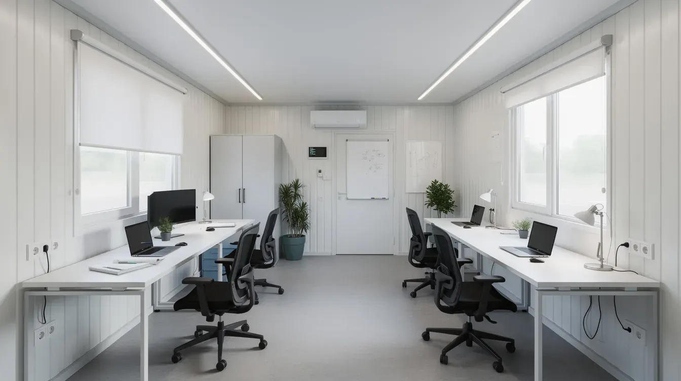 Modern cabin portable office interior with workstations, AC, LED lighting, and insulated panel walls by Portable Office Cabin – available in Bangalore, Chennai, Hyderabad, Mumbai, Pune, Delhi NCR & pan-India