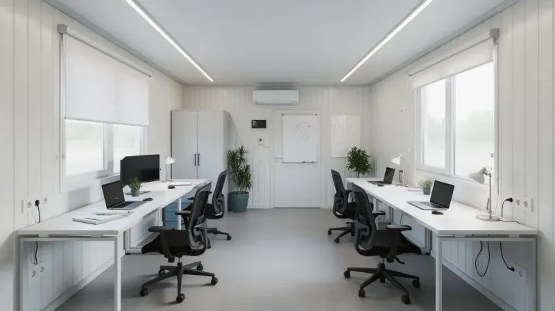 Modern cabin portable office interior with workstations, AC, LED lighting, and insulated panel walls by Portable Office Cabin – Portable Office Cabin | Bangalore, Chennai, Mumbai & across India Modern cabin portable office interior with workstations, AC, LED lighting, and insulated panel walls by Portable Office Cabin – available in Bangalore, Chennai, Hyderabad, Mumbai, Pune, Delhi NCR & pan-India