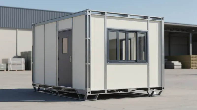 Portable office cabin exterior with MS steel frame, insulated sandwich panels, and UPVC windows by Portable Office Cabin in Peenya industrial area – Portable Office Cabin | Bangalore, Chennai, Mumbai & across India Portable office cabin exterior with MS steel frame, insulated sandwich panels, and UPVC windows by Portable Office Cabin in Peenya industrial area