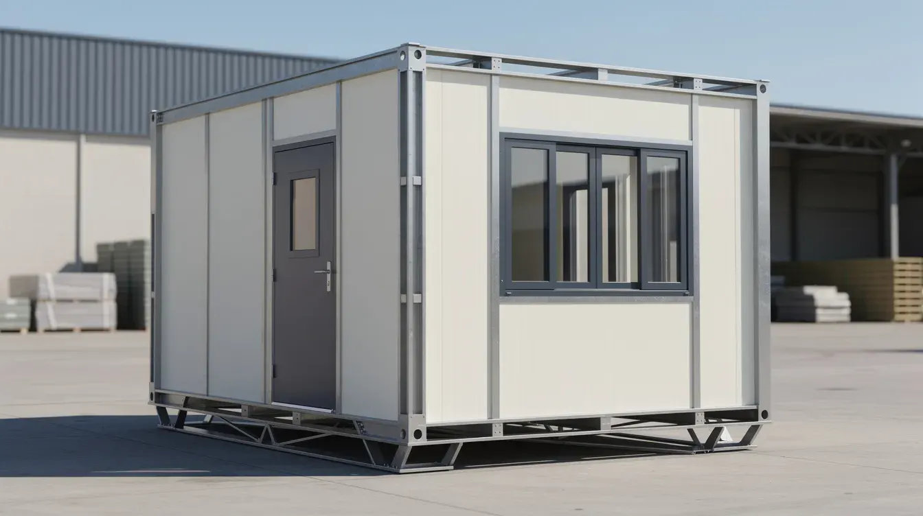 Portable office cabin exterior with MS steel frame, insulated sandwich panels, and UPVC windows by Portable Office Cabin in Peenya industrial area