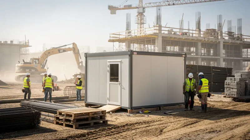 Cabin portable unit deployed at a construction site with workers and crane in Bangalore by Portable Office Cabin – Portable Office Cabin | Bangalore, Chennai, Mumbai & across India Cabin portable unit deployed at a construction site with workers and crane in Bangalore by Portable Office Cabin