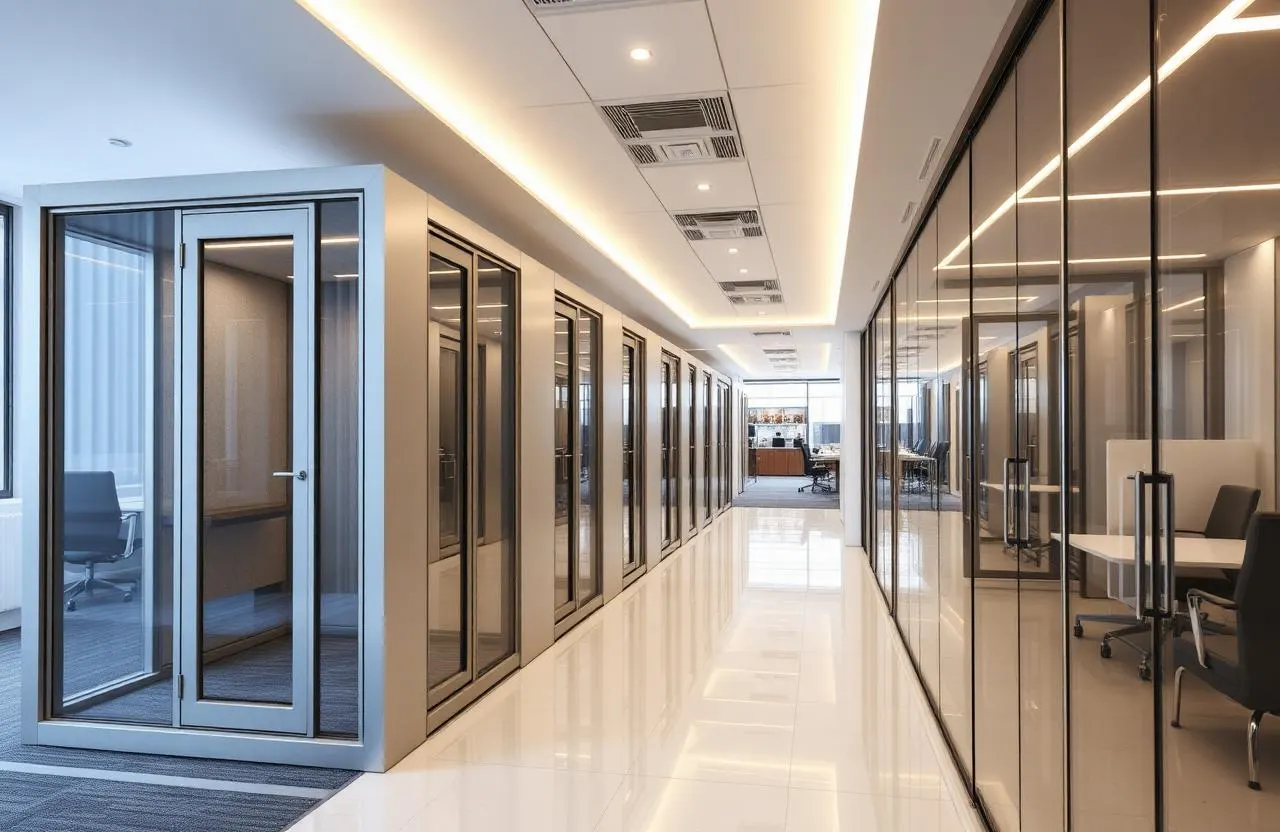 Office Phone Booths | Portable Office Cabin – Bangalore, Chennai, Hyderabad, Mumbai & pan-India Row of modern glass phone booths and focus pods in corporate office corridor India