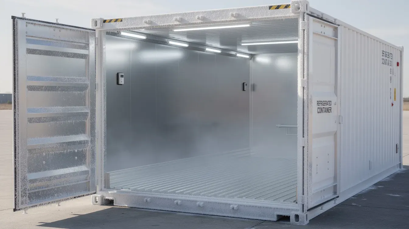 Refrigerated cargo container with stainless steel interior for temperature-controlled storage by Portable Office Cabin – Portable Office Cabin | Bangalore, Chennai, Mumbai & across India Refrigerated cargo container with stainless steel interior for temperature-controlled storage by Portable Office Cabin – available in Bangalore, Chennai, Hyderabad, Mumbai, Pune, Delhi NCR & pan-India