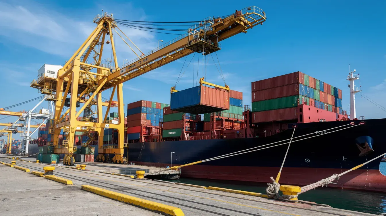 Cargo containers being loaded onto vessel with crane at major Indian port - global containerization standards – Portable Office Cabin | Bangalore, Chennai, Mumbai & across India Cargo containers being loaded onto vessel with crane at major Indian port - global containerization standards
