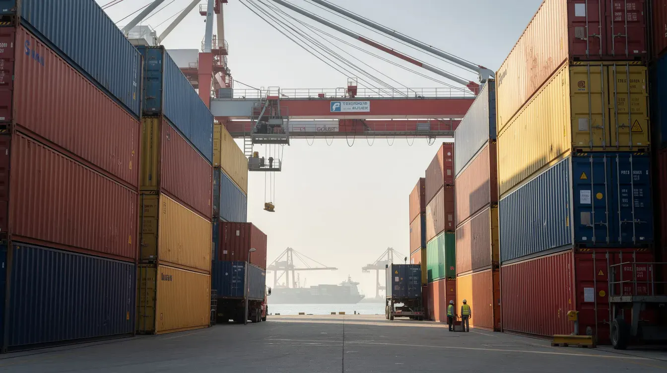 Stacked cargo containers at Indian port yard with crane handling operations by Portable Office Cabin – Portable Office Cabin | Bangalore, Chennai, Mumbai & across India Stacked cargo containers at Indian port yard with crane handling operations by Portable Office Cabin