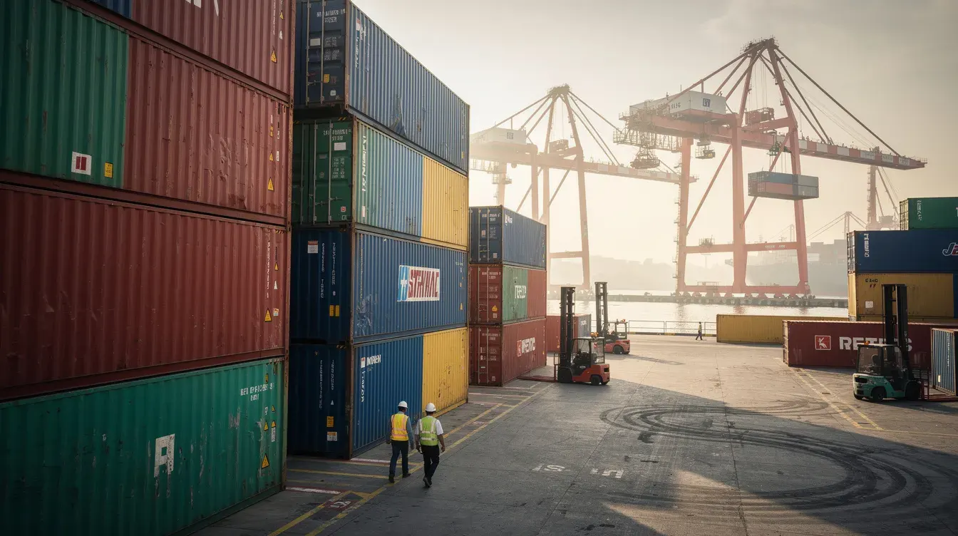 Cargo shipping containers stacked at Indian port with workers inspecting — intermodal freight operations by Portable Office Cabin – Portable Office Cabin | Bangalore, Chennai, Mumbai & across India Cargo shipping containers stacked at Indian port with workers inspecting — intermodal freight operations by Portable Office Cabin