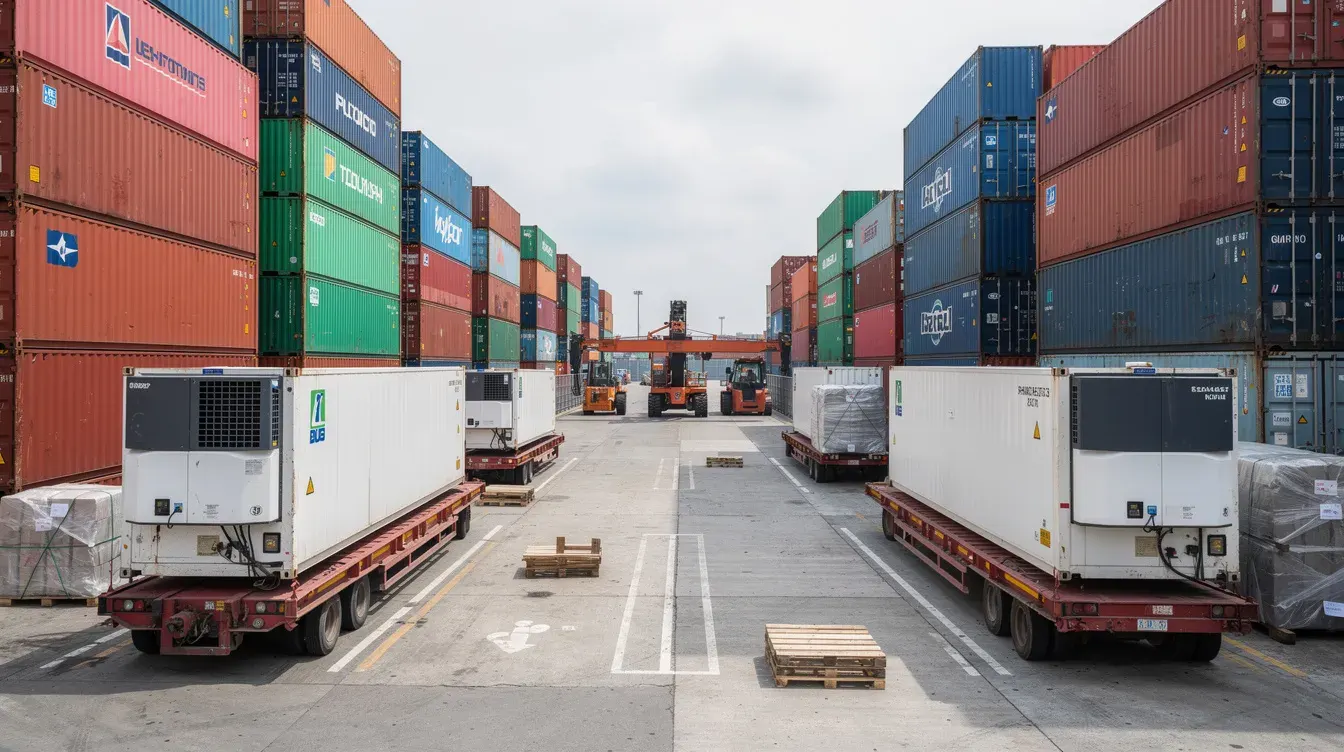 Cargo shipping containers stacked at container yard with reefer units and gantry cranes — industrial logistics infrastructure in India – Portable Office Cabin | Bangalore, Chennai, Mumbai & across India Cargo shipping containers stacked at container yard with reefer units and gantry cranes — industrial logistics infrastructure in India