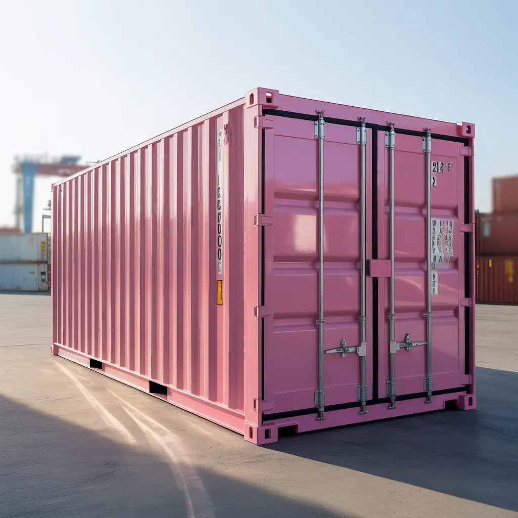 Pink cargo container angle view showing corrugated steel walls and corner castings by Portable Office Cabin – Portable Office Cabin | Bangalore, Chennai, Mumbai & across India Pink cargo container angle view showing corrugated steel walls and corner castings by Portable Office Cabin – available in Bangalore, Chennai, Hyderabad, Mumbai, Pune, Delhi NCR & pan-India
