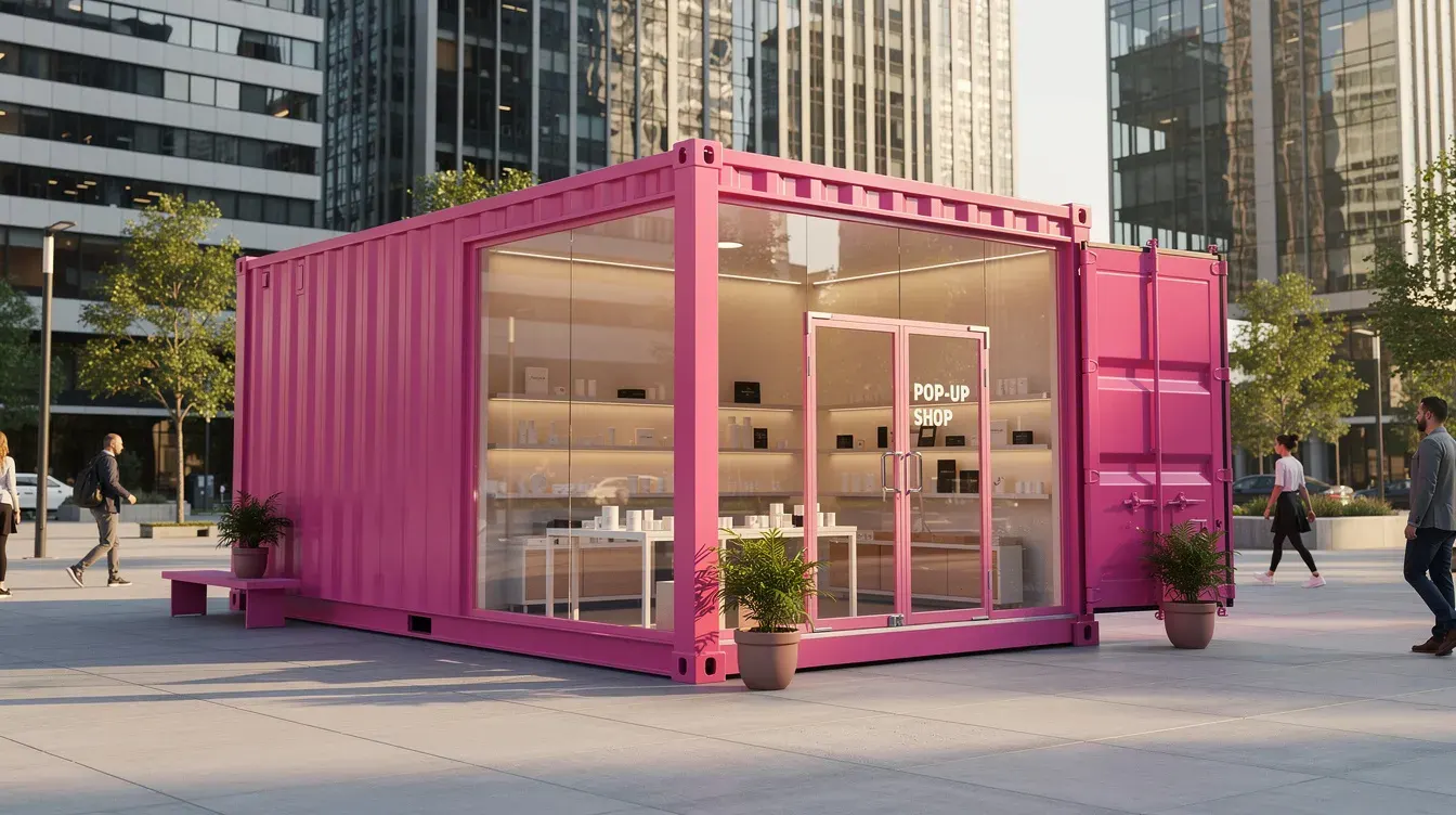 Pink shipping container converted into pop-up retail shop with glass facade in urban setting by Portable Office Cabin – Portable Office Cabin | Bangalore, Chennai, Mumbai & across India Pink shipping container converted into pop-up retail shop with glass facade in urban setting by Portable Office Cabin