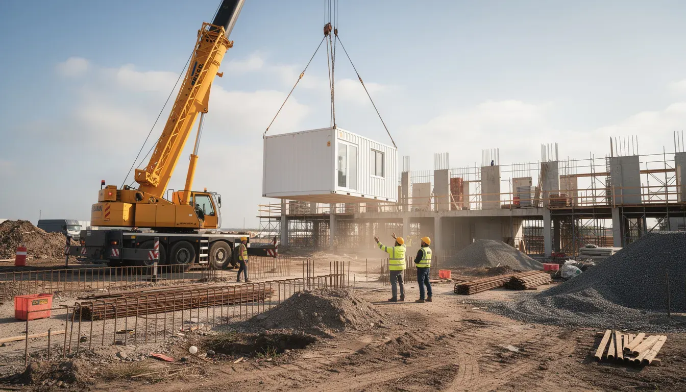 Construction Site Portable Office | Portable Office Cabin – Bangalore, Chennai, Hyderabad, Mumbai & pan-India Construction site portable office cabin being lifted by crane for project deployment by Portable Office Cabin – available in Bangalore, Chennai, Hyderabad, Mumbai, Pune, Delhi NCR & pan-India